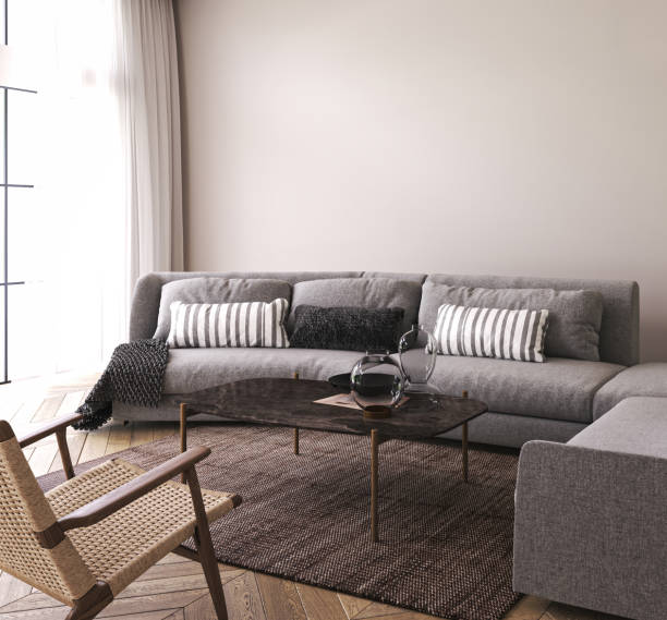 istock Modern classic white interior with sofa, lamps and decor. 3d render illustration mockup. High quality 3d illustration 1614412884