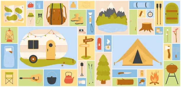 Vector illustration of Camp set for summer outdoor adventure vector illustration