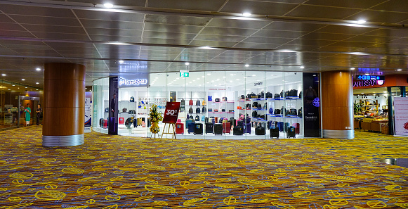 Yangon, Myanmar - Feb 14, 2017. Duty-Free shops at Yangon International Airport in Myanmar. Yangon Airport capacity was boosted to 6 million passengers per year in 2016.