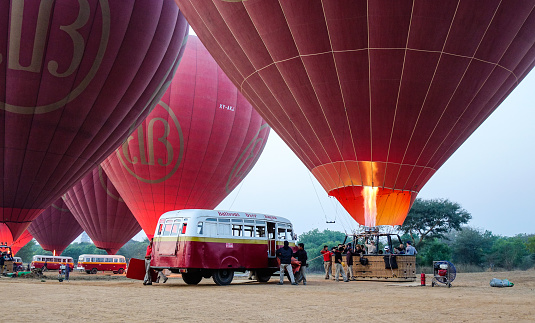 Bagan, Myanmar - Feb 20, 2016. Tourists enjoy hot air balloon flights in Bagan, Myanmar. Ballooning over Bagan is one of the most memorable action for tourists.