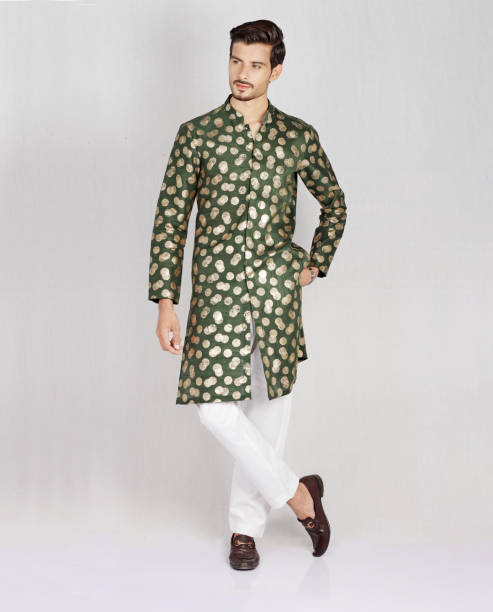 녹색 쿠르타에서 포즈를 취하는 남성 모델 - kurta 뉴스 사진 이미지