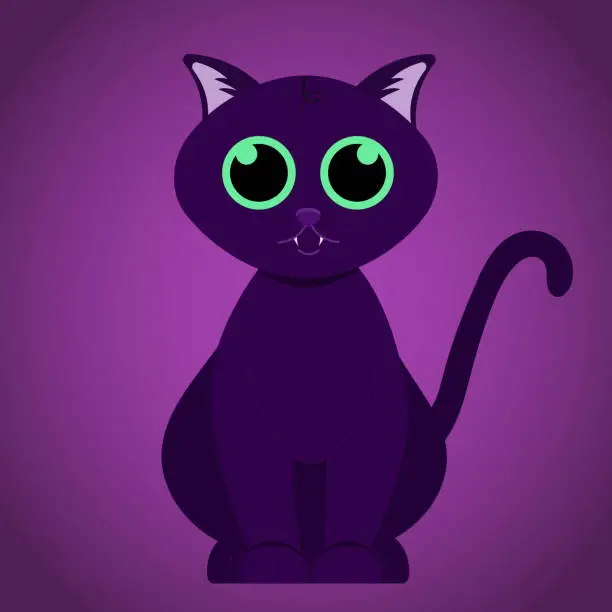 Vector illustration of Halloween dark cat on dark background, traditional Halloween design element.