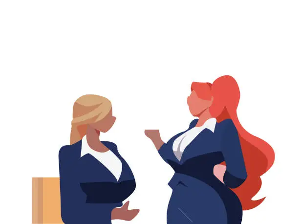 Vector illustration of vector arts, flat illustration, two women in business attire are talking to each other isolated on white background