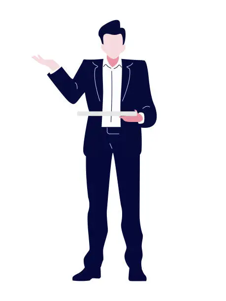 Vector illustration of vector arts, flat illustration,  business man standing and holding a table in his hand isolated on white background