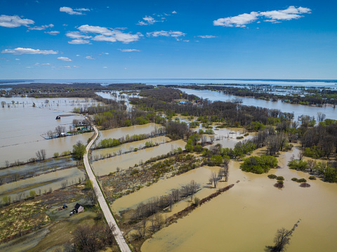 Aerial view of crop fields, during springtime floods, along the St. Lawrence River.