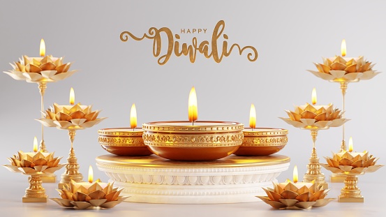 3D rendering for diwali festival Diwali, Deepavali or Dipavali the festival of lights india with gold diya on podium, patterned and crystals on color Background.