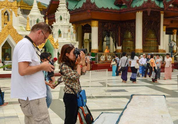 Yangon, Myanmar : August 18 2023 : Shwedagon Pagoda is the most sacred Buddhist pagoda for the Burmese. This place is popular destination landmark in Yangon, Myanmar.