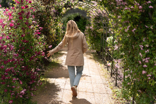 free-stock-photo-of-woman-walking-through-flower-filled-garden