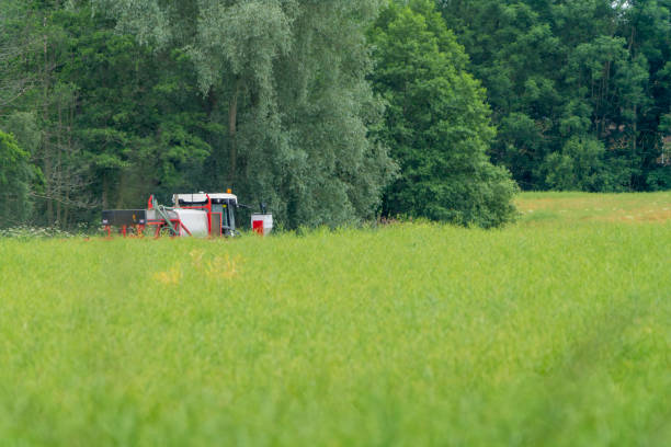Agricultural field being mowed by a farmer.