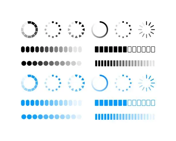 Vector illustration of Loading icons. Different styles, color. Round loading, linear loading. Vector illustration