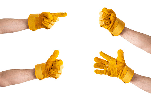 Set of Worker hands with safety glove, isolated on white