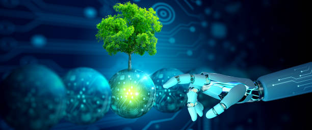 istock Robot hand pointing a digital ball with tree against nature. Ecology, Energy, and Environment Concept. 1614506670