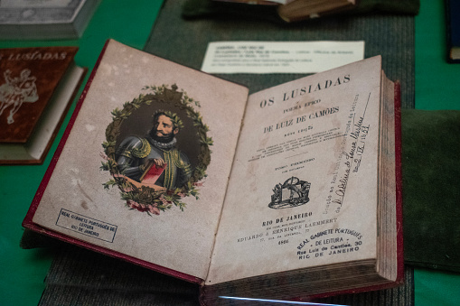 Rio de Janeiro, Brazil: The Lusiads, Portuguese epic poem written by Luis Vaz de Camoes, in the Royal Portuguese Cabinet of Reading, a public library and lusophone cultural institution