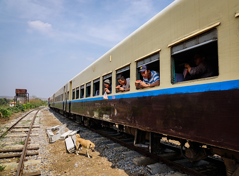 Shan, Myanmar - Feb 23, 2016. A train stopping at station in Shan State, Myanmar. Rail transport was first introduced in Myanmar in 1877 when Lower Burma was a British colony.