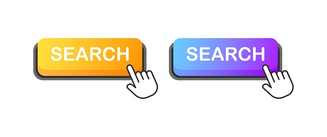 Search button. Flat, color, click on search, find information. Vector illustration