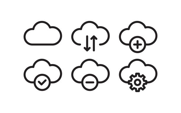 ilustraciones, imágenes clip art, dibujos animados e iconos de stock de conjunto de iconos de nube. iconos funcionales para interfaces. gráficos vectoriales escalables - computación en nube