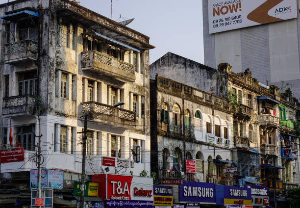Yangon, Myanmar - Feb 13, 2017. Old buildings located at downtown in Yangon, Myanmar. Yangon boasts the largest number of colonial-era buildings in South-east Asia.