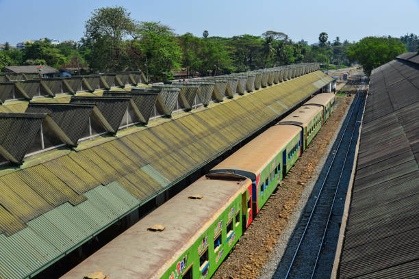 Yangon, Myanmar - Feb 13, 2017. A train stopping at the Central Railway Station in Yangon, Myanmar. Yangon is the country main centre for trade, industry and tourism.