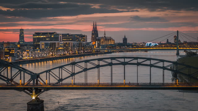 Illuminated city skyline of Cologne