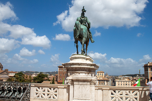 Rome, Italy - August 06, 2023: Statue of Vittorio Emanuele II on top of the Vittoriano.