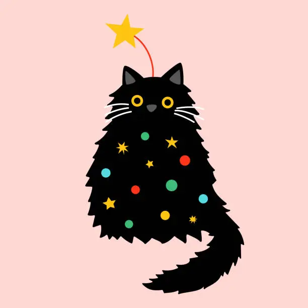 Vector illustration of Cute cartoon fat black cat decorated as Christmas tree.