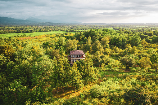 Aerial view of old houses of Amagleba village in Georgian region Guria