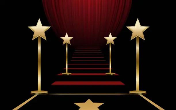 Vector illustration of Red starry walkway, stairs with red carpet, award fashion stage. Vector illustration