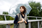 close up of Asian-Japanese woman looking optimistic in the rain with her umbrella while the wind blows her hair