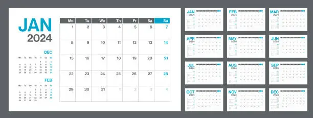 Vector illustration of 2024 - Monthly Quarterly Calendar. Minimalism Style Landscape Horizontal Calendar for 2024 year. Vector Template. The Week Starts on Monday