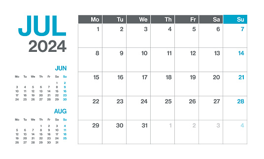 July 2024 - Monthly Quarterly Calendar. Minimalism Style Landscape Horizontal Calendar for 2024 year. Vector Template. The Week Starts on Monday