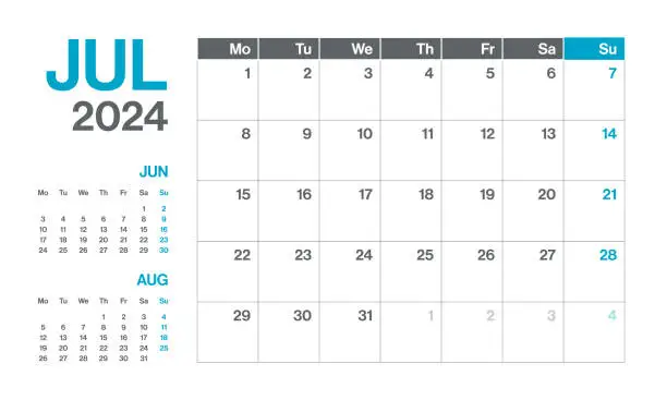 Vector illustration of July 2024 - Monthly Quarterly Calendar. Minimalism Style Landscape Horizontal Calendar for 2024 year. Vector Template. The Week Starts on Monday