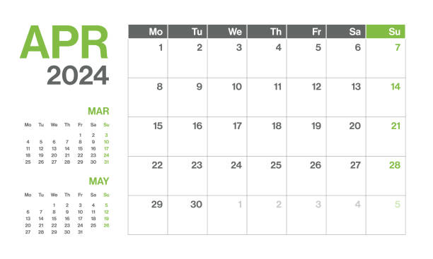 april 2024 - monatlicher quartalskalender. horizontaler kalender im minimalismus-stil für das jahr 2024. vektor-vorlage. die woche beginnt am montag - calendar february desk computer stock-grafiken, -clipart, -cartoons und -symbole
