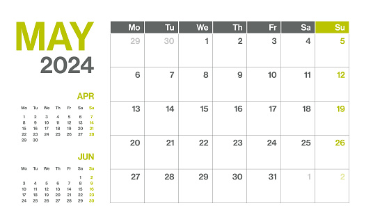 May 2024 - Monthly Quarterly Calendar. Minimalism Style Landscape Horizontal Calendar for 2024 year. Vector Template. The Week Starts on Monday