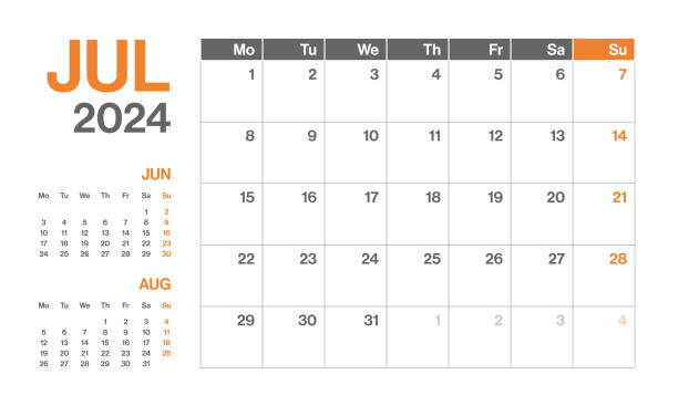 juli 2024 - monatlicher quartalskalender. horizontaler kalender im minimalismus-stil für das jahr 2024. vektor-vorlage. die woche beginnt am montag - calendar february desk computer stock-grafiken, -clipart, -cartoons und -symbole