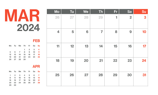 March 2024 - Monthly Quarterly Calendar. Minimalism Style Landscape Horizontal Calendar for 2024 year. Vector Template. The Week Starts on Monday