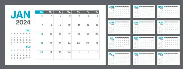 Vector illustration of 2024 - Monthly Quarterly Calendar. Minimalism Style Landscape Horizontal Calendar for 2024 year. Vector Template. The Week Starts on Sunday
