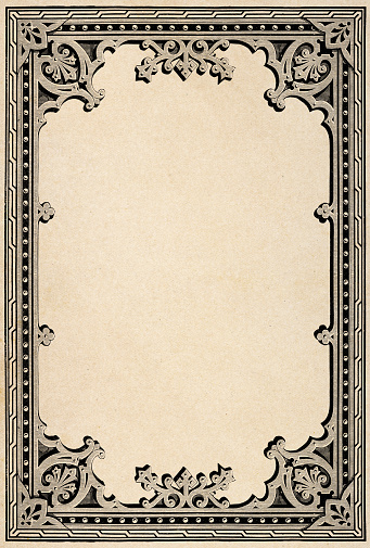 Close up of antique paper texture with Art Nouveau pattern border edge full frame.