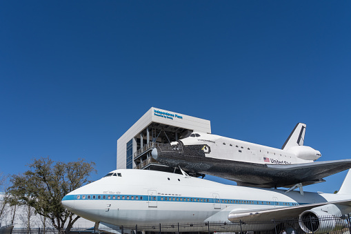 Houston, Texas, USA - March 12, 2022: Boeing 747-123 ‘N905NA’ with replica Space Shuttle Orbiter “Independence” at Independence Plaza in Space Center Houston, Texas, USA on March 12, 2022.