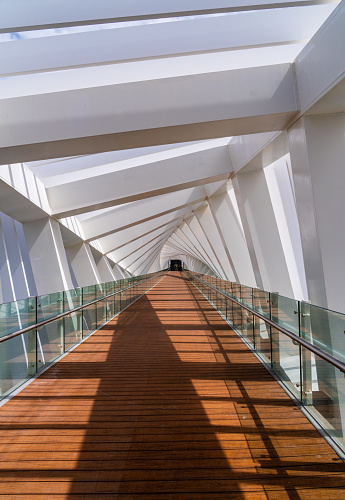 Interior of twisting helix design of Dubai Water Canal bridge over the waterway