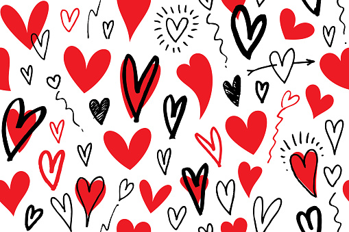 Seamless fun red and black vector heart shaped pen drawings and icon illustrations
