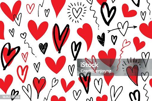 istock Seamless fun heart shaped drawings wallpaper pattern 1614733125