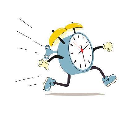 Funny retro alarm clock character being late and busy. The clock is running.Time is up. Image is isolated on white background. Flat illustration for banner, print and website.