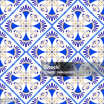 istock Blue and Gold Portuguese Azulejo Seamless Pattern. Moroccan Ceramic Tile. Vector Lisbon Arabic Floral Mosaic, Mediterranean Ornament. 1614755762