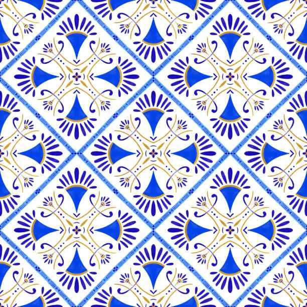 Vector illustration of Blue and Gold Portuguese Azulejo Seamless Pattern. Moroccan Ceramic Tile. Vector Lisbon Arabic Floral Mosaic, Mediterranean Ornament.