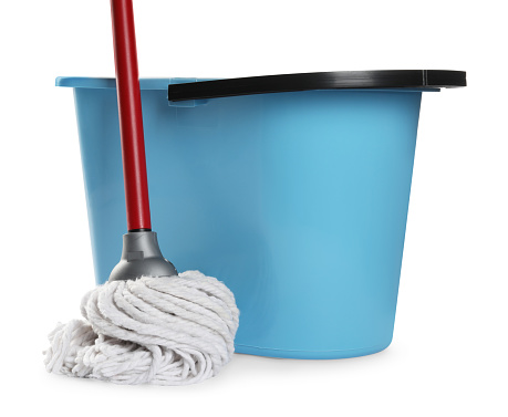 String mop and bucket isolated on white