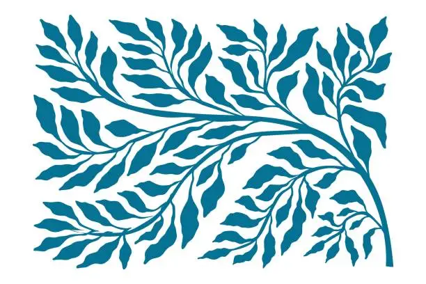 Vector illustration of Blue branch. Floral leaves, Fauvist style of elegant, thin tree flowing, wavy and curvy leaf, arranged horizontally. Delicate stem. Medieval, Art Deco, and Art Nouveau styles. Vector illustration