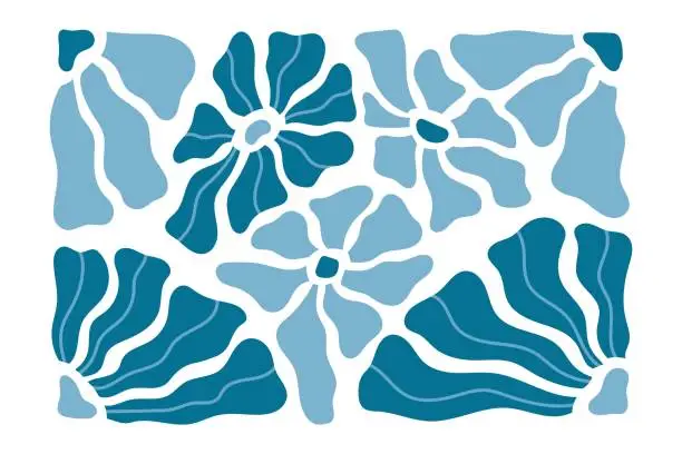 Vector illustration of Fauvist style poster. Blue flower pattern, turquoise leaves. Fluidity vibe, wavy and curvy elements, groovy aesthetic. Thin lines, rectangular shape. Groovy and trendy illustration. Vector artwork