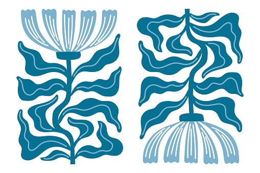 Fauvist style Carnation. Blue flower, turquoise hues, white lines. Reflected design in hippie and groovy style. Simple doodle floral leaves. Isolated white background. Vector flat illustration set