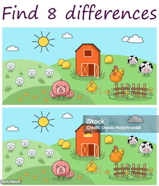 Logic Puzzle Game Find 8 Differences In Farm Landscape Stock ...