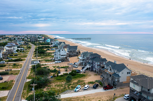 Aerial View of Avon North Carolina Looking Toward the Avon Pier in the Outer Banks with Large Beach Homes
